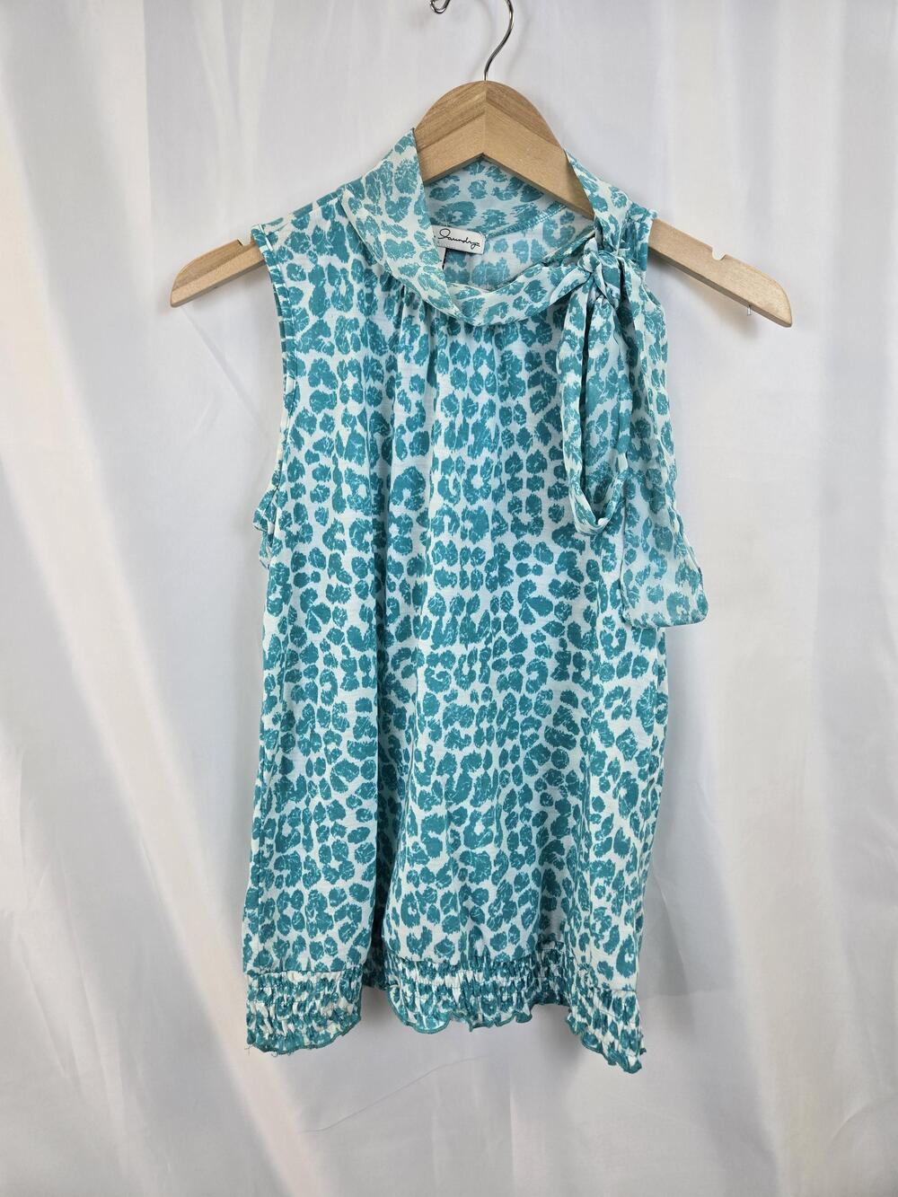 French Laundry Blouse Womens Medium Blue Animal Print Tie Neck Sleeveless Top